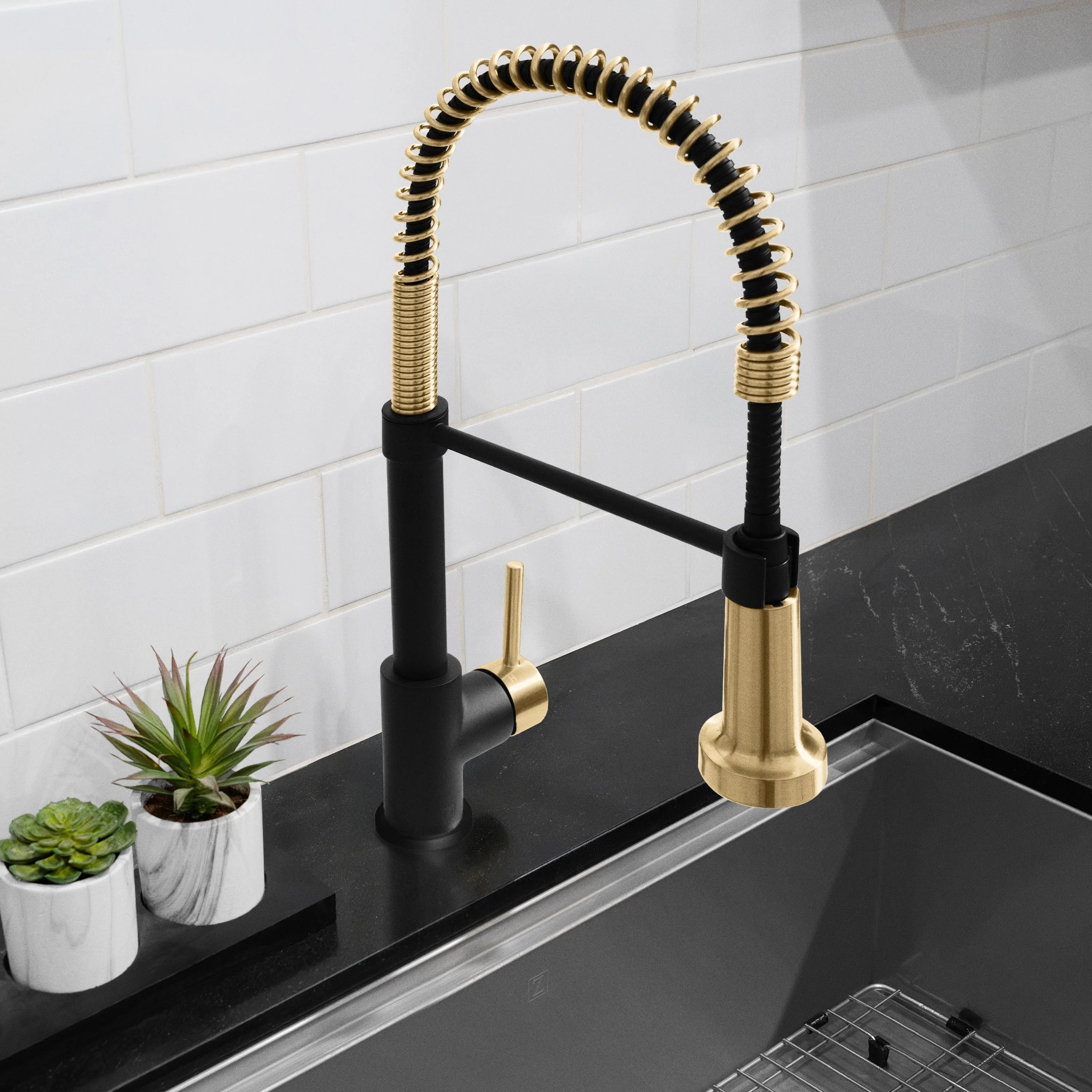 ZLINE Autograph Edition Apollo Pull Down Spring Single Handle Kitchen Faucet in Matte Black & Champagne Bronze (APL-KF-ZMBCB) - Image 3