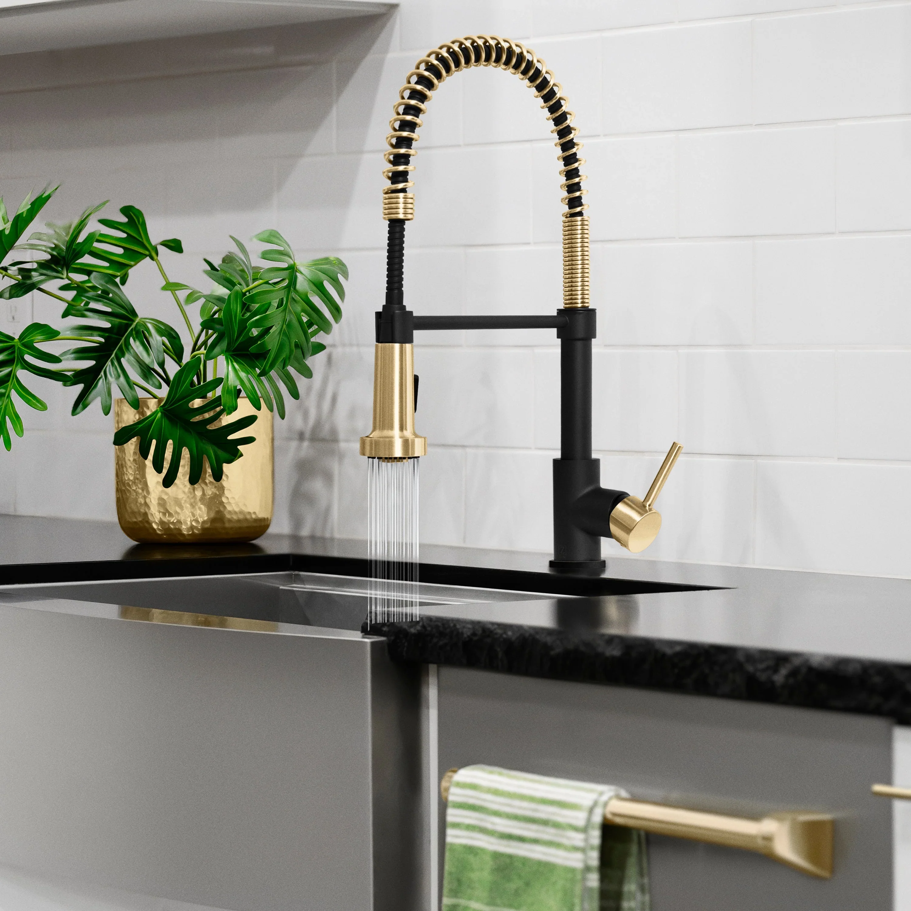 ZLINE Autograph Edition Apollo Pull Down Spring Single Handle Kitchen Faucet in Matte Black & Champagne Bronze (APL-KF-ZMBCB) - Image 4