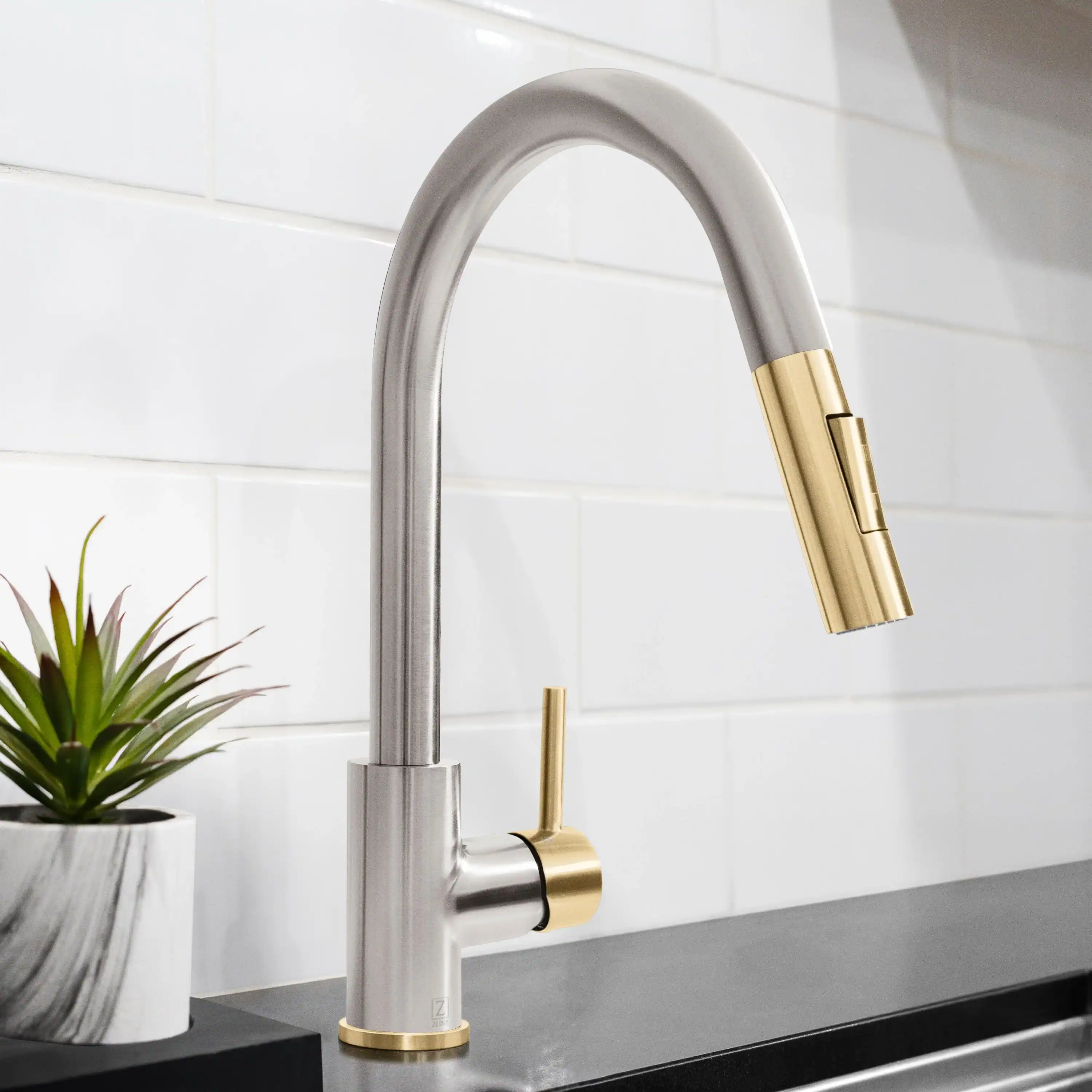 ZLINE Autograph Edition Gemini Pull Down Single Handle Kitchen Faucet in Brushed Nickel and Champagne Bronze (GEM-KF-ZBNCB) - Image 2