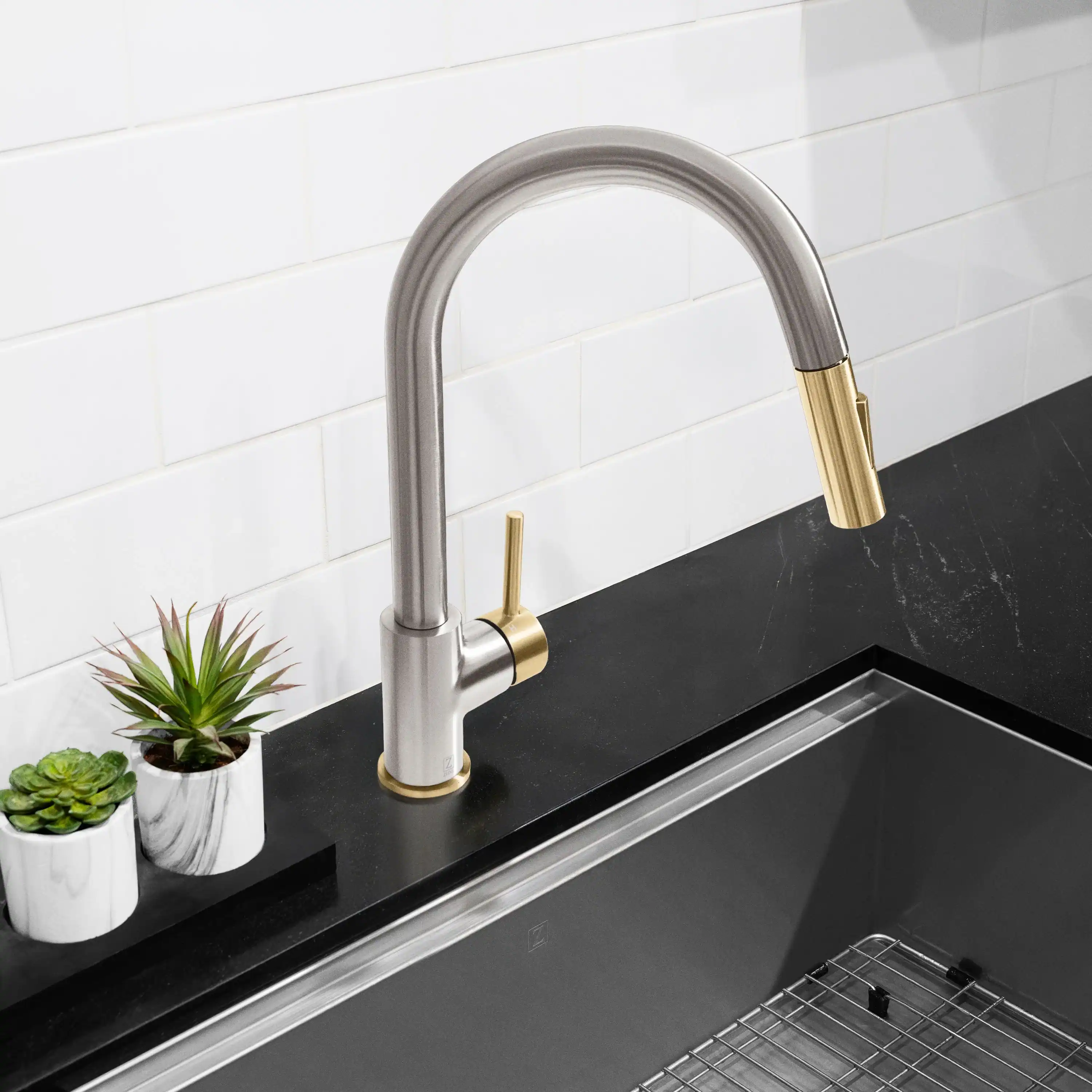 ZLINE Autograph Edition Gemini Pull Down Single Handle Kitchen Faucet in Brushed Nickel and Champagne Bronze (GEM-KF-ZBNCB) - Image 3