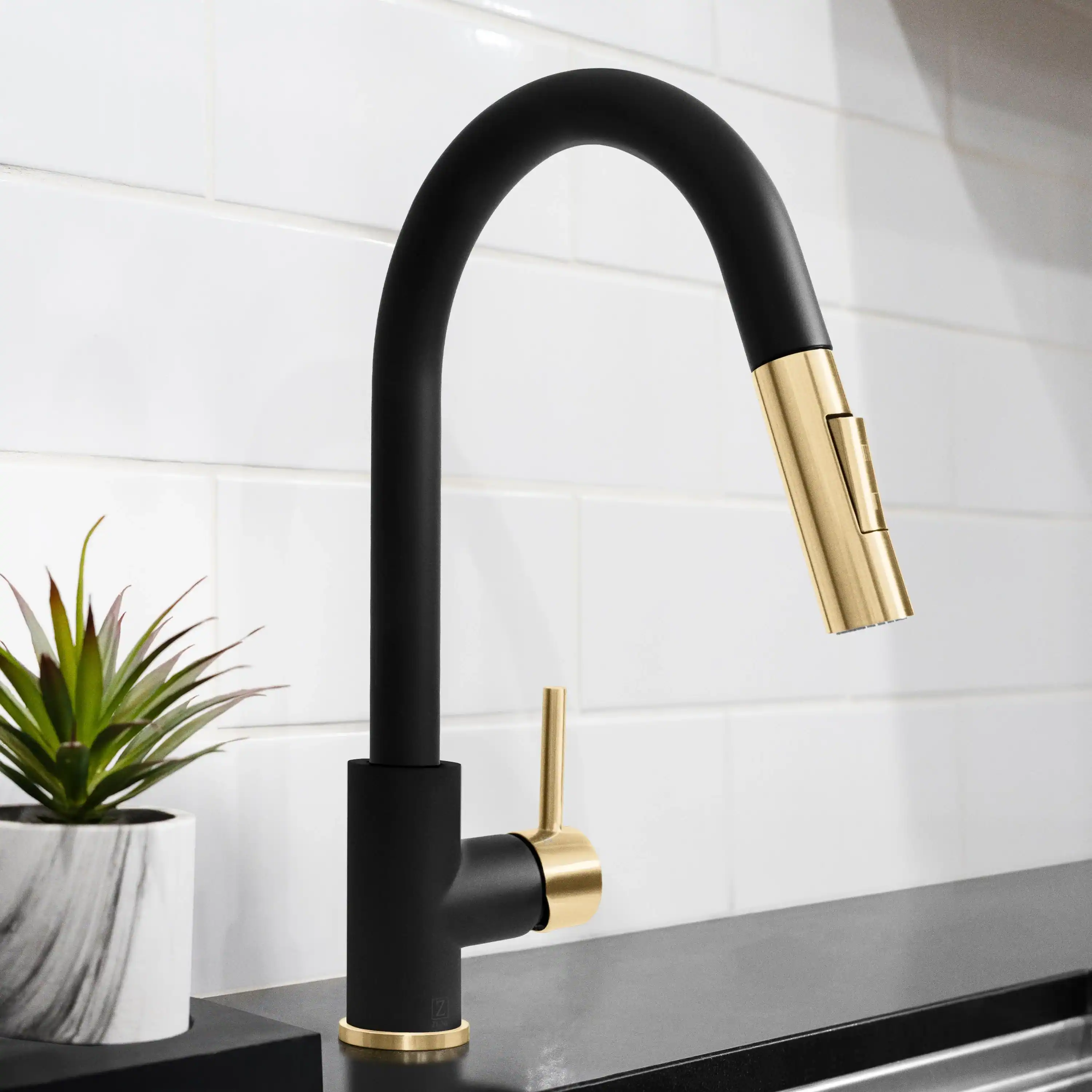 ZLINE Autograph Edition Gemini Pull Down Single Handle Kitchen Faucet in Matte Black and Champagne Bronze (GEM-KF-ZMBCB) - Image 2