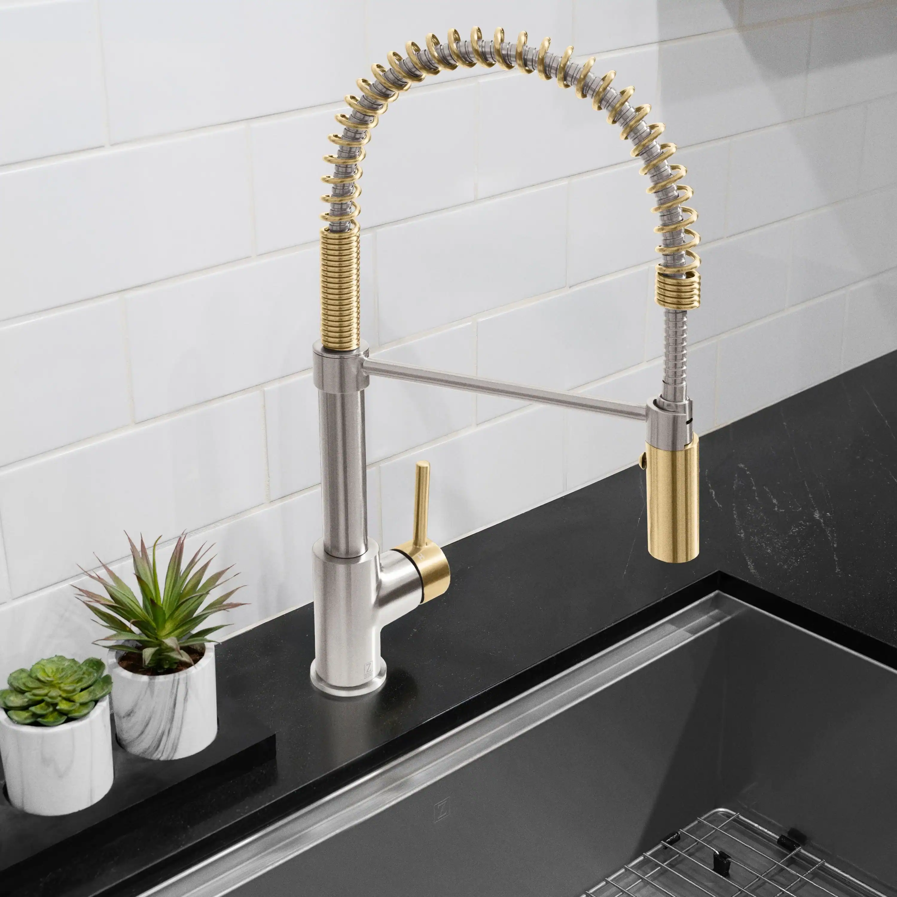 ZLINE Autograph Edition Sierra Pull Down Spring Single Handle Kitchen Faucet in Brushed Nickel and Champagne Bronze (SRA-KF-ZBNCB) - Image 2
