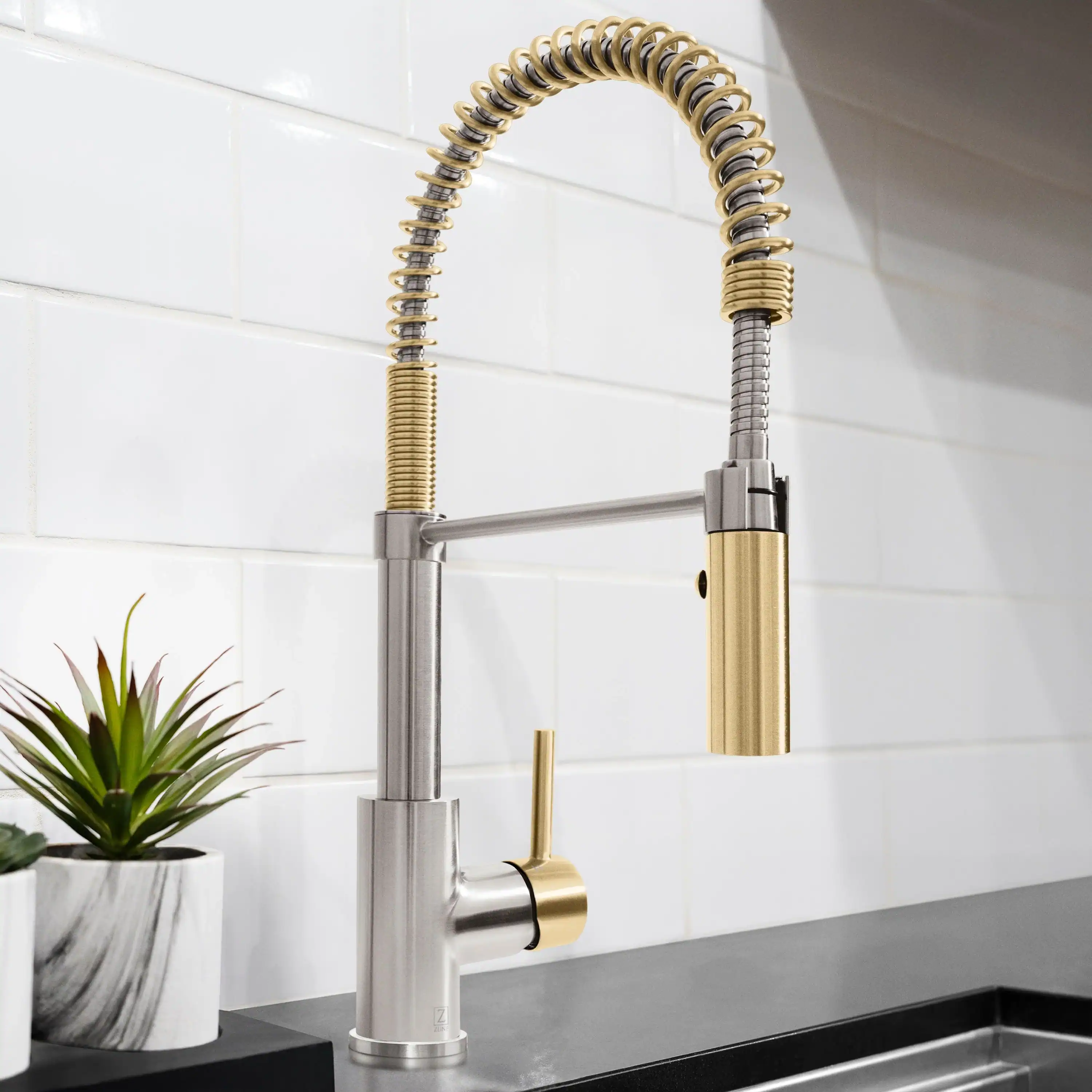 ZLINE Autograph Edition Sierra Pull Down Spring Single Handle Kitchen Faucet in Brushed Nickel and Champagne Bronze (SRA-KF-ZBNCB) - Image 3