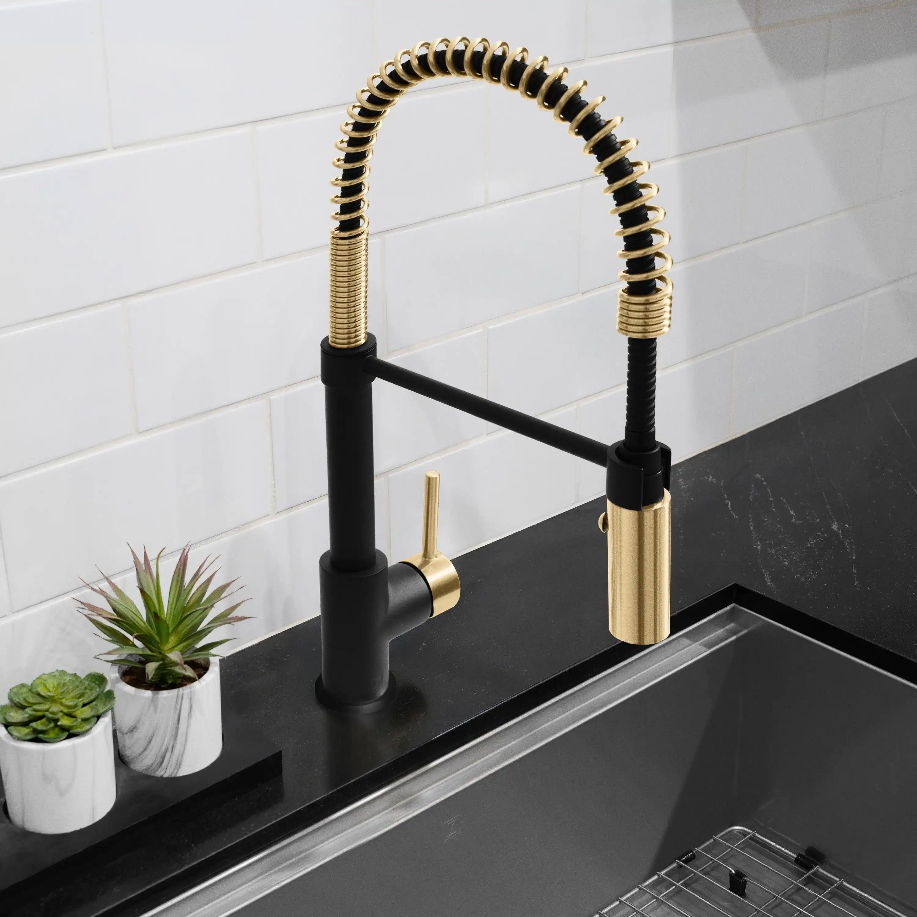ZLINE Autograph Edition Sierra Pull Down Spring Single Handle Kitchen Faucet in Matte Black and Champagne Bronze (SRA-KF-ZMBCB) - Image 3