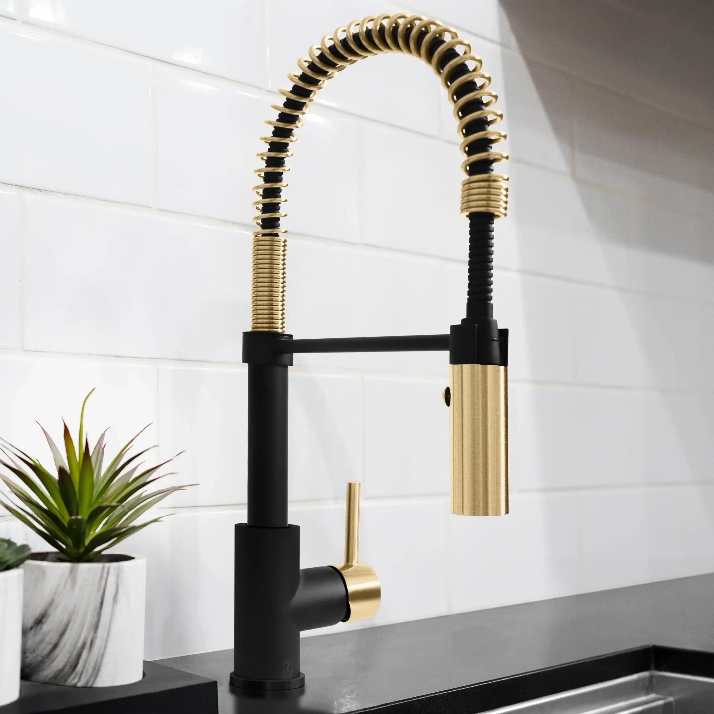ZLINE Autograph Edition Sierra Pull Down Spring Single Handle Kitchen Faucet in Matte Black and Champagne Bronze (SRA-KF-ZMBCB) - Image 5
