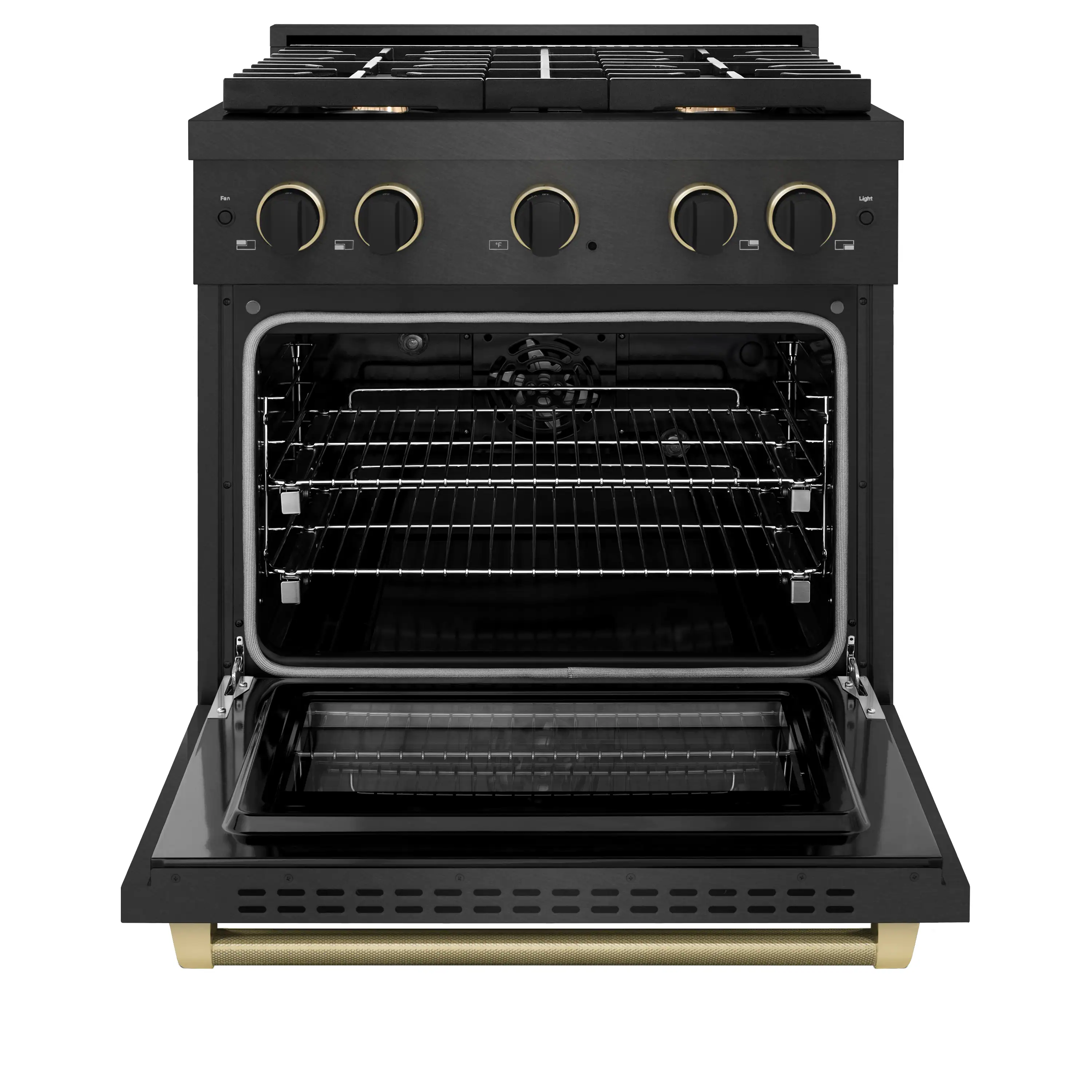 ZLINE Designer 30-Inch 4.2 Cu. Ft. Dual Fuel Range with 4 Burner Gas Cooktop in Black Satin with Black and Champagne Bronze Helix Handle (SDRBSZ-30-MBCB) - Image 4