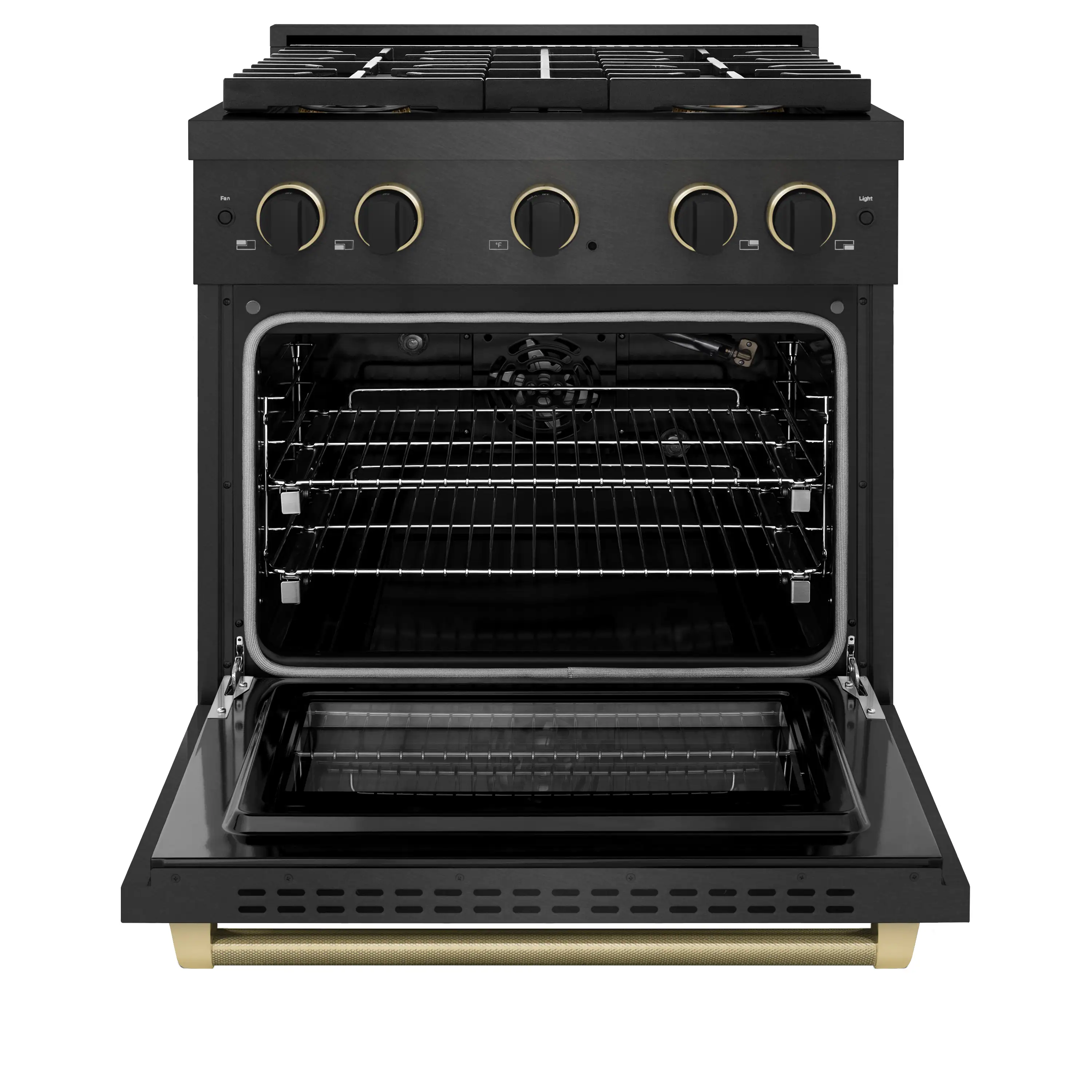 ZLINE Designer 30-Inch 4.2 Cu. Ft. Gas Range with 4 Burner DuoPro Cooktop in Black Satin with Black and Champagne Bronze Helix Handle (PSGRBSZ-30-MBCB) - Image 4