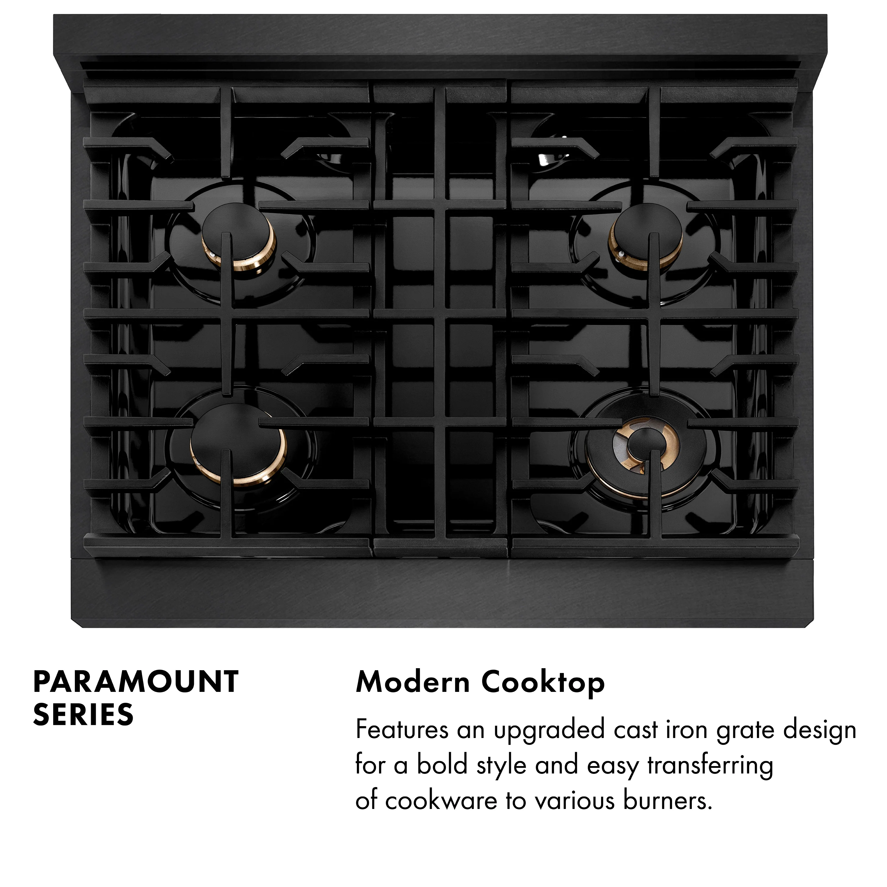 ZLINE Designer 30-Inch 4.2 Cu. Ft. Paramount Gas Range with 4 Burner Cooktop in Black Satin with Black and Champagne Bronze Helix Handle (SGRBSZ-30-MBCB) - Image 11