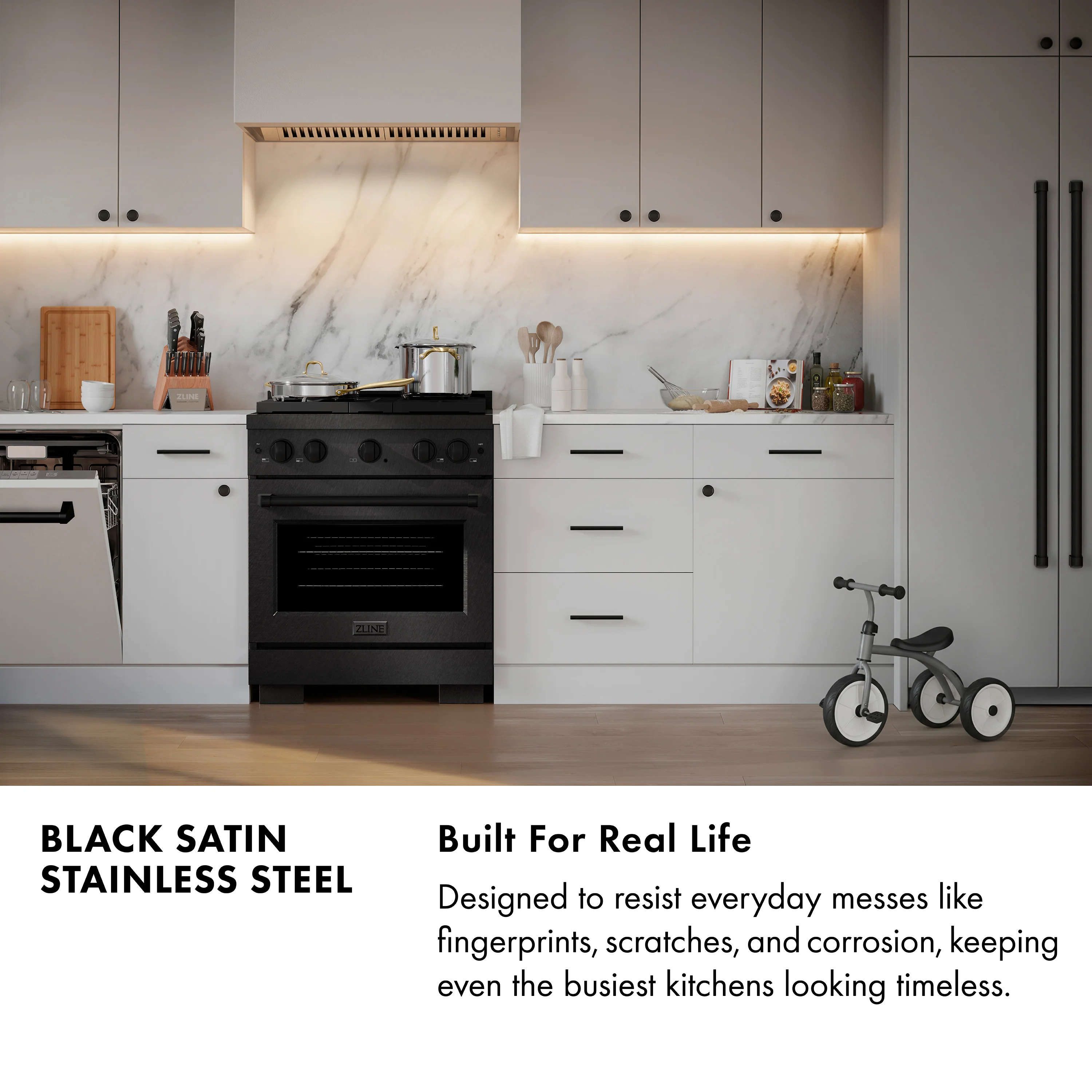 ZLINE Designer 30-Inch 4.2 Cu. Ft. Paramount Gas Range with 4 Burner Cooktop in Black Satin with Black and Champagne Bronze Helix Handle (SGRBSZ-30-MBCB) - Image 3