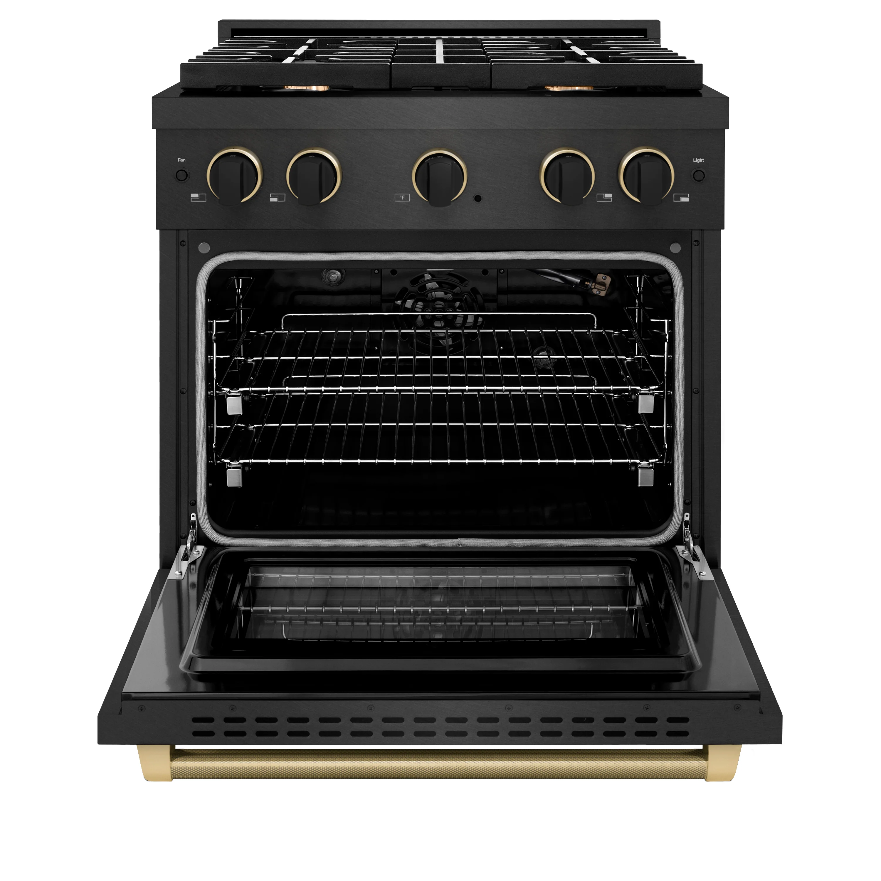 ZLINE Designer 30-Inch 4.2 Cu. Ft. Paramount Gas Range with 4 Burner Cooktop in Black Satin with Black and Champagne Bronze Helix Handle (SGRBSZ-30-MBCB) - Image 4