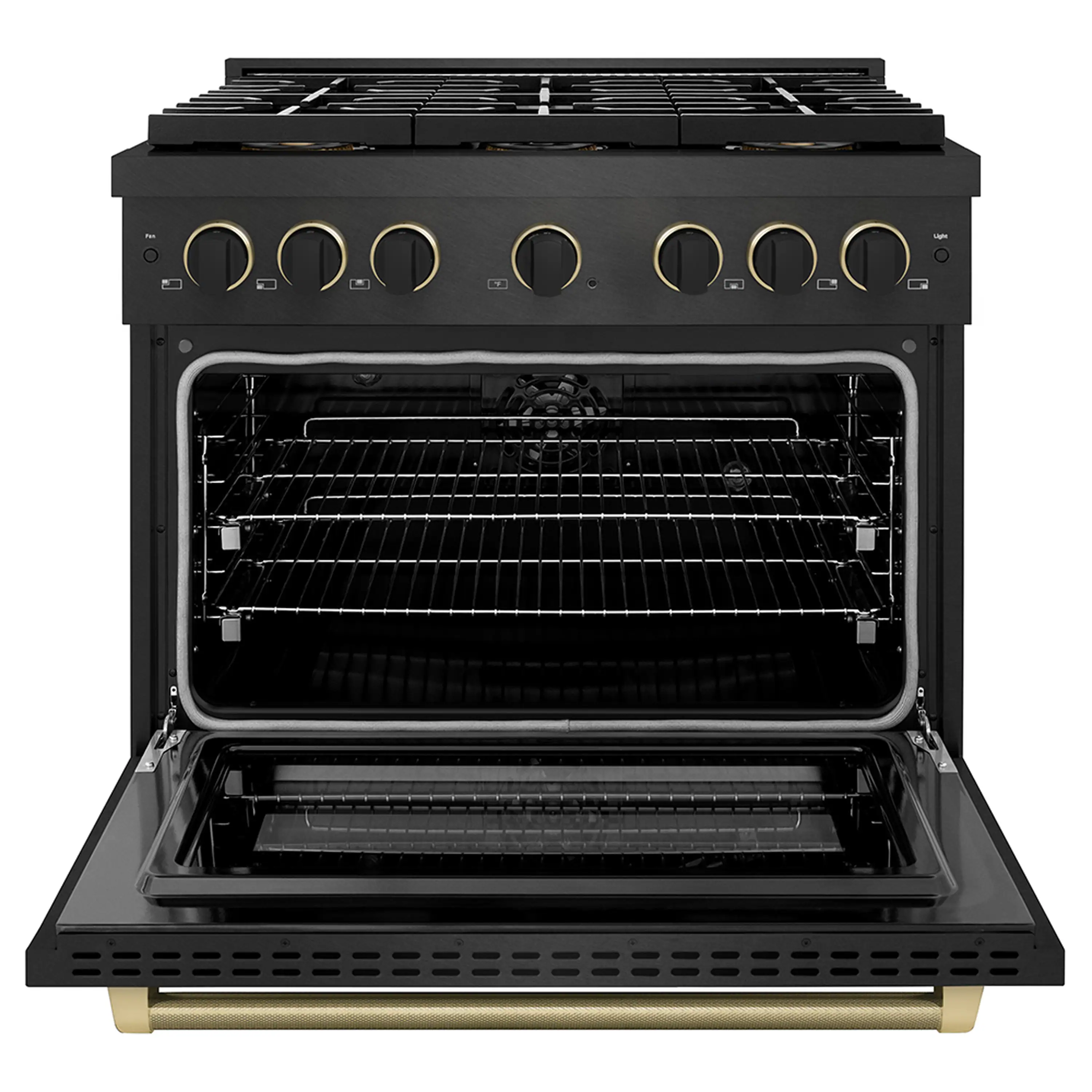 ZLINE Designer 36-Inch 5.2 Cu. Ft. Dual Fuel Range with 6 Burner DuoPro Cooktop in Black Satin with Black and Champagne Accents (PSDRBSZ-36-MBCB) - Image 4