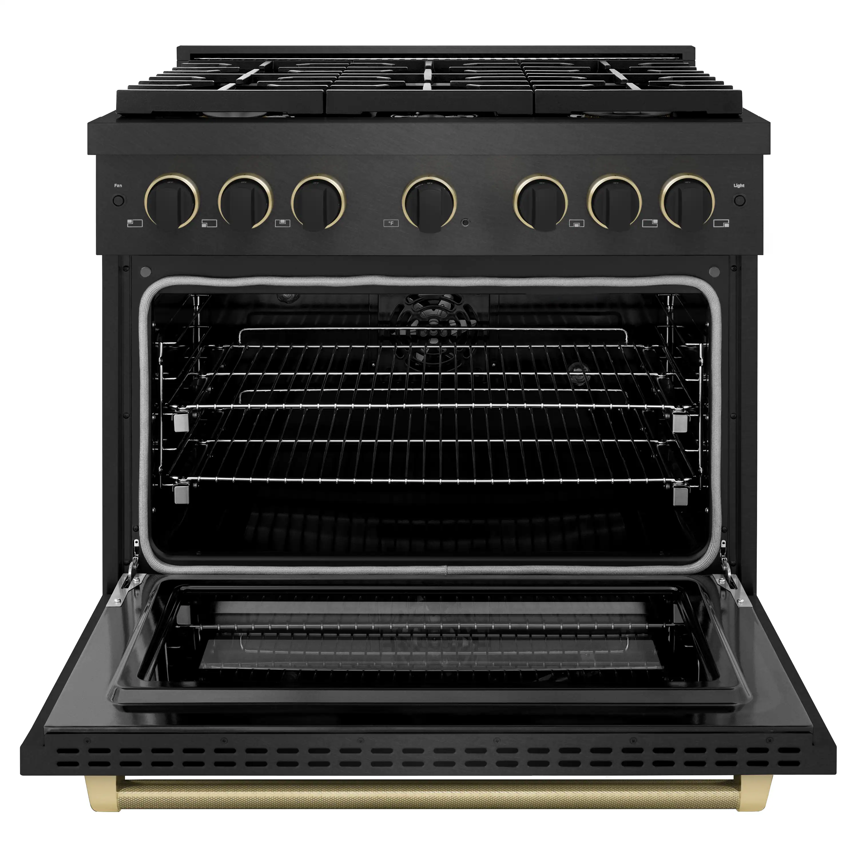 ZLINE Designer 36-Inch 5.2 Cu. Ft. Dual Fuel Range with 6 Burner Gas Cooktop in Black Satin with Black and Champagne Bronze Helix Handle (SDRBSZ-36-MBCB) - Image 4