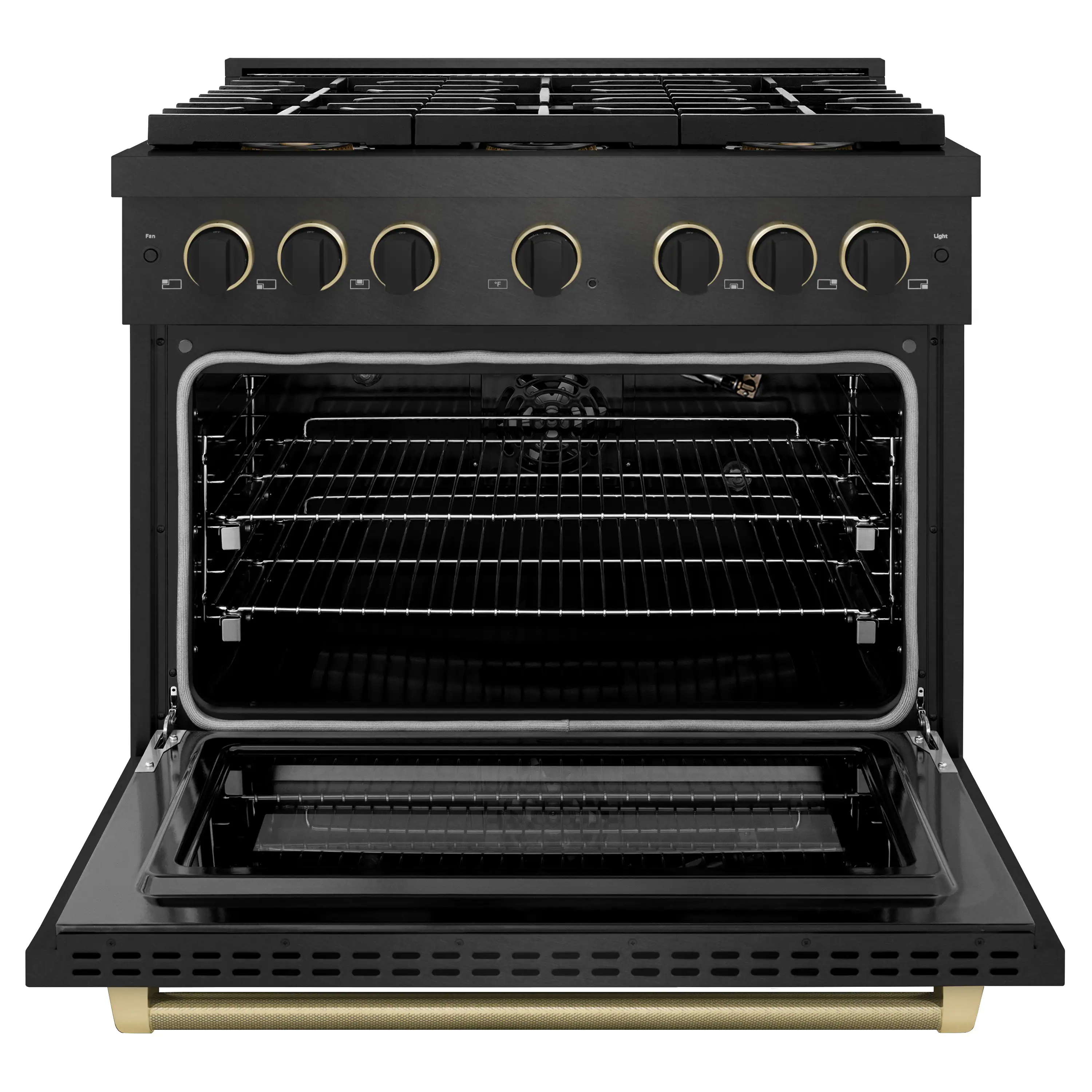 ZLINE Designer 36-Inch 5.2 Cu. Ft. Gas Range with 6 Burner DuoPro™ Cooktop in Black Satin with Black and Champagne Bronze Helix Handle (PSGRBSZ-36-MBCB) - Image 4