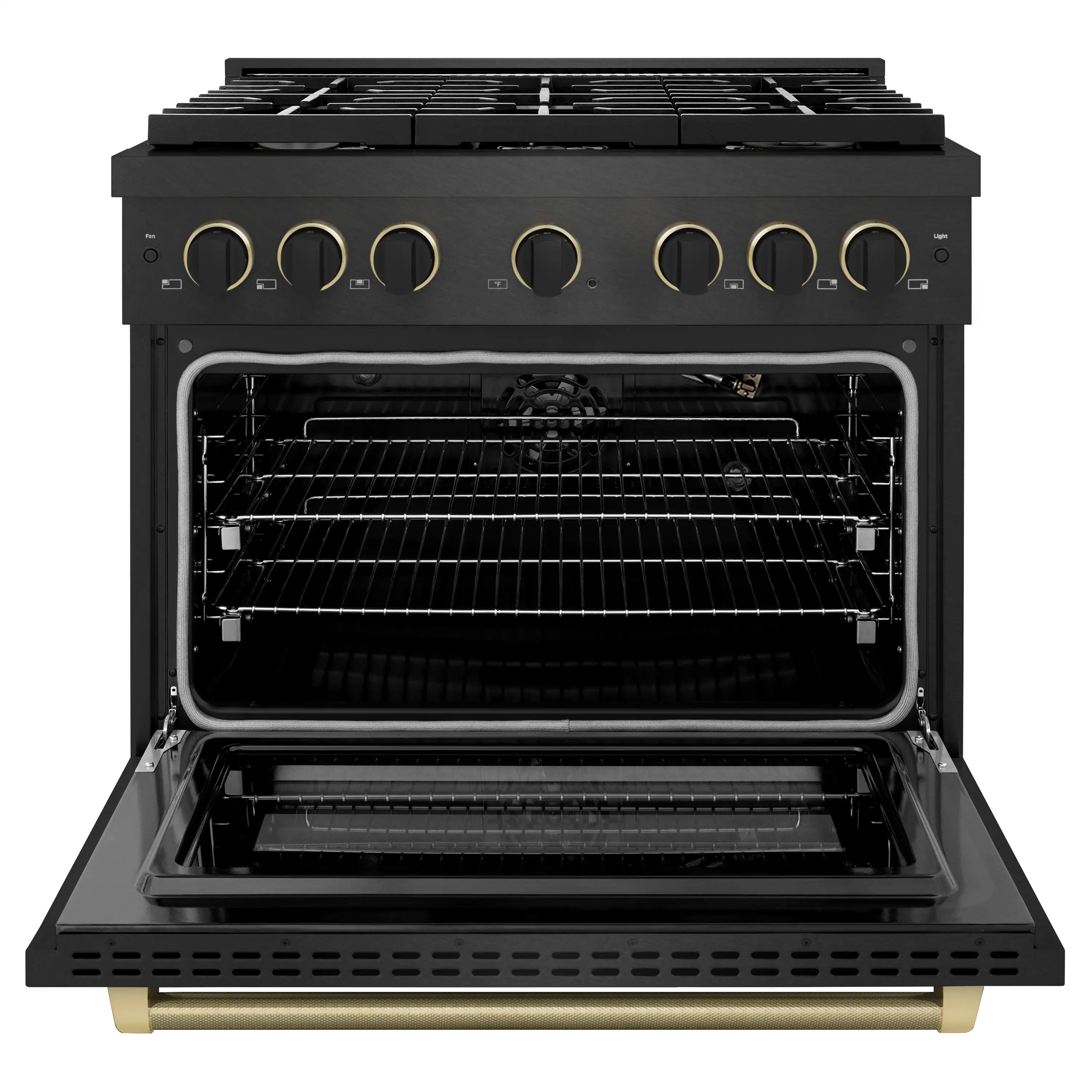 ZLINE Designer 36-Inch 5.2 Cu. Ft. Paramount Gas Range with 6 Burner Cooktop in Black Satin with Black and Champagne Bronze Helix Handle (SGRBSZ-36-MBCB) - Image 4