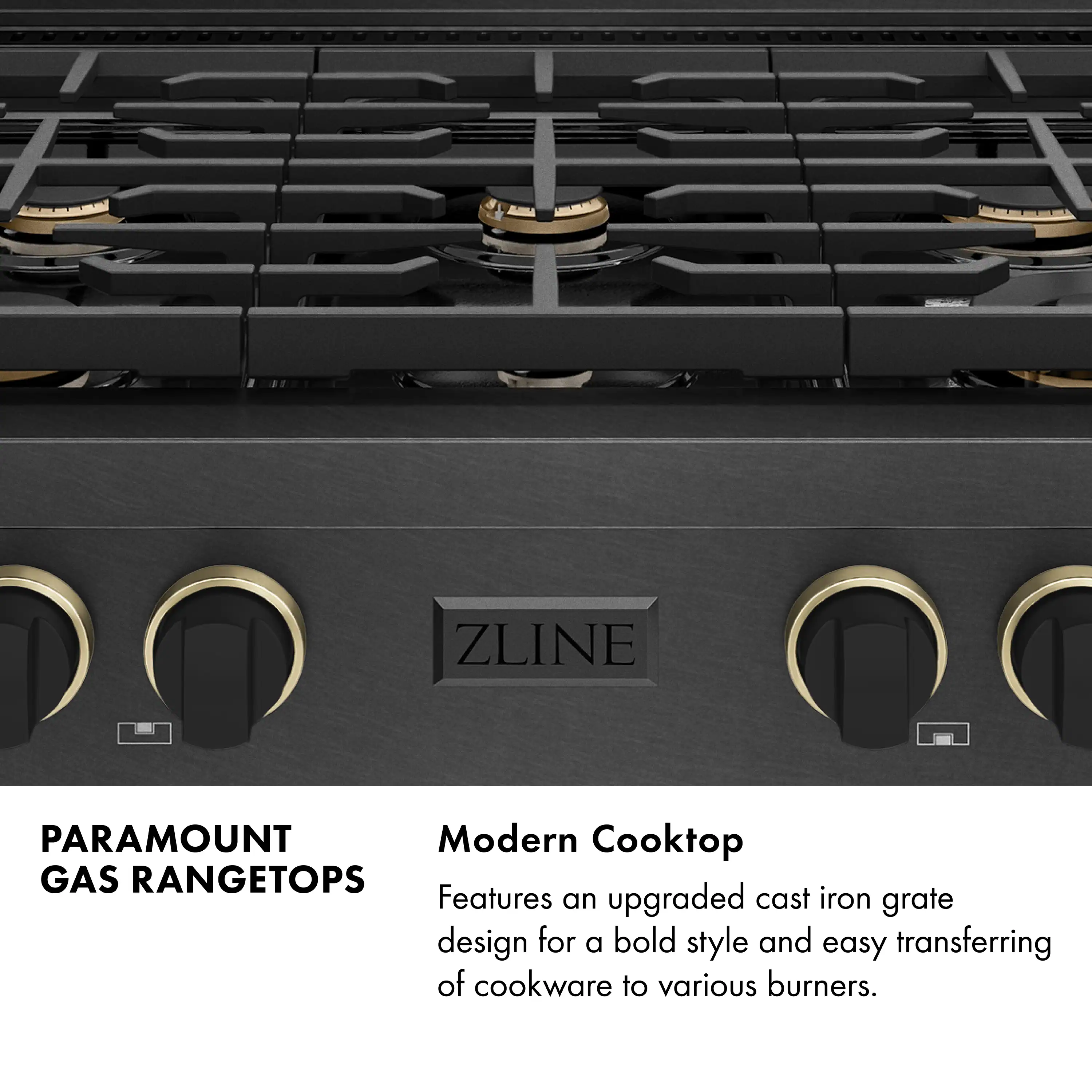 ZLINE Designer 36-Inch Paramount Gas Rangetop with 6 Burners in Black Satin with Matte Black and Champagne Accents (SRTBSZ-36-MBCB) - Image 6