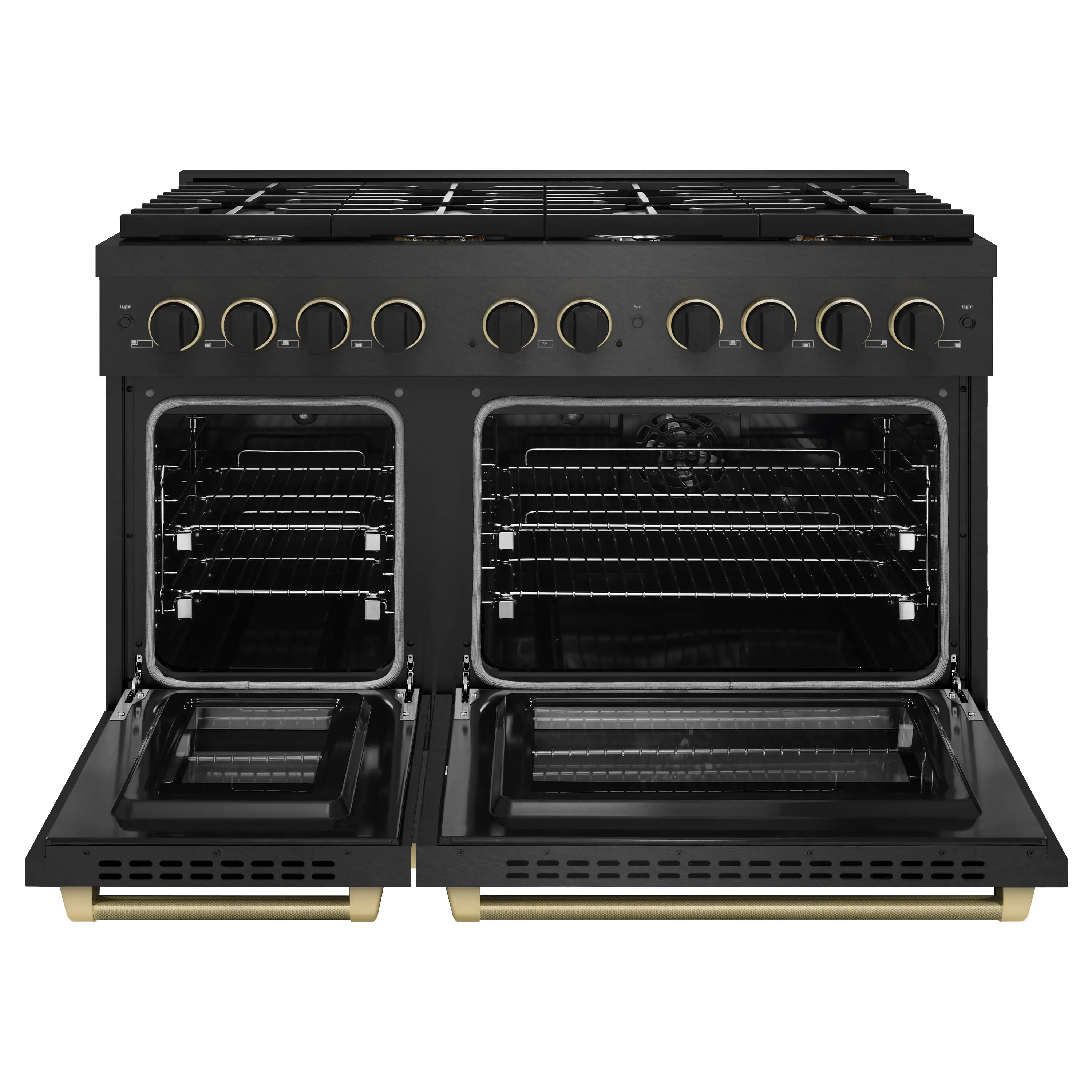 ZLINE Designer 48-Inch 6.7 Cu. Ft. Dual Fuel Range with 8 Burner Gas Cooktop in Black Satin with Black and Champagne Bronze Helix Handle (SDRBSZ-48-MBCB) - Image 4