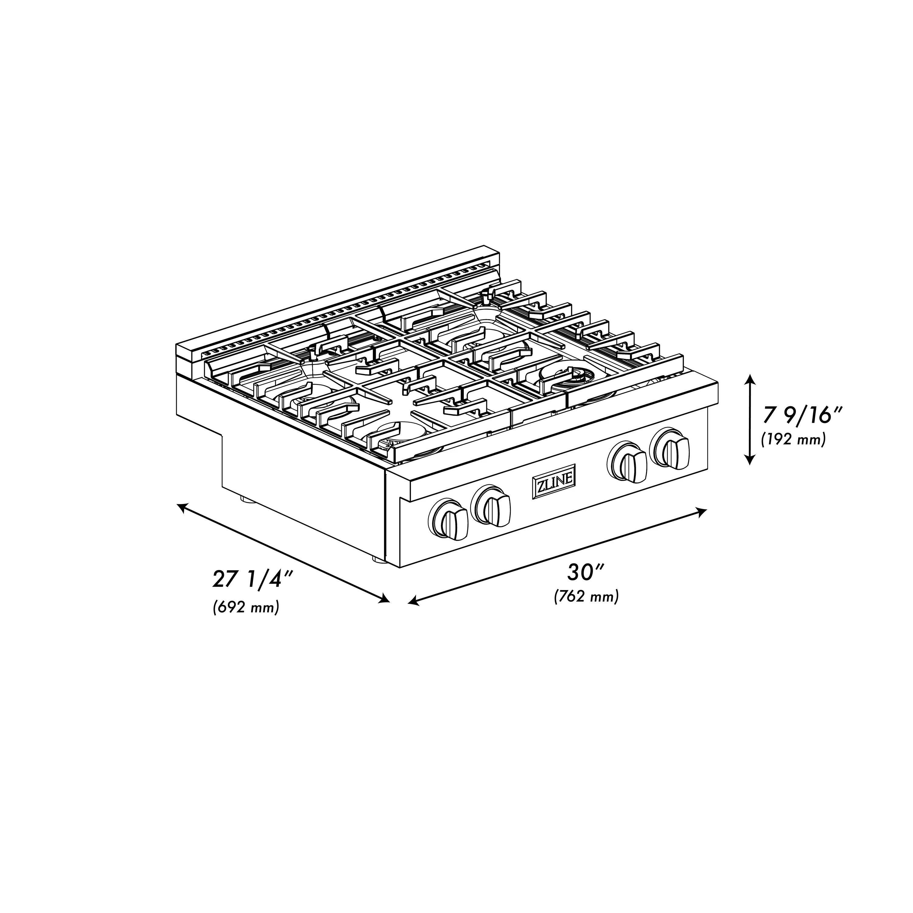 ZLINE Paramount 30-Inch Gas Rangetop with 4 Brass Burners and Porcelain Cooktop in Black Stainless Steel (SRTB-BR-30) - Image 7